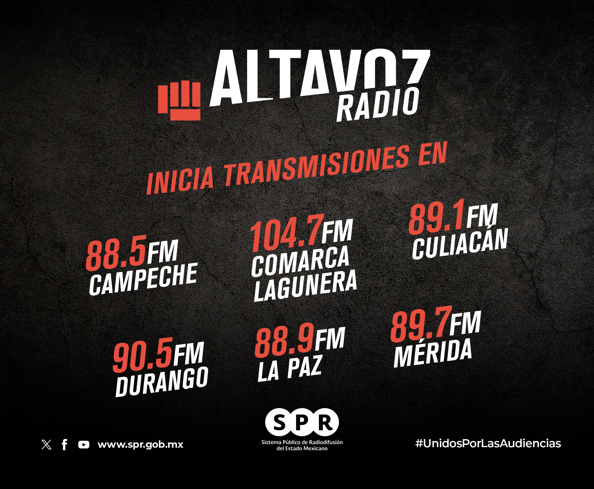 ALTAVOZ RADIO DEL SPR INICIA TRANSMISIONES EN MÉRIDA, CAMPECHE, CULIACÁN,
DURANGO, LA PAZ Y LA COMARCA LAGUNERA