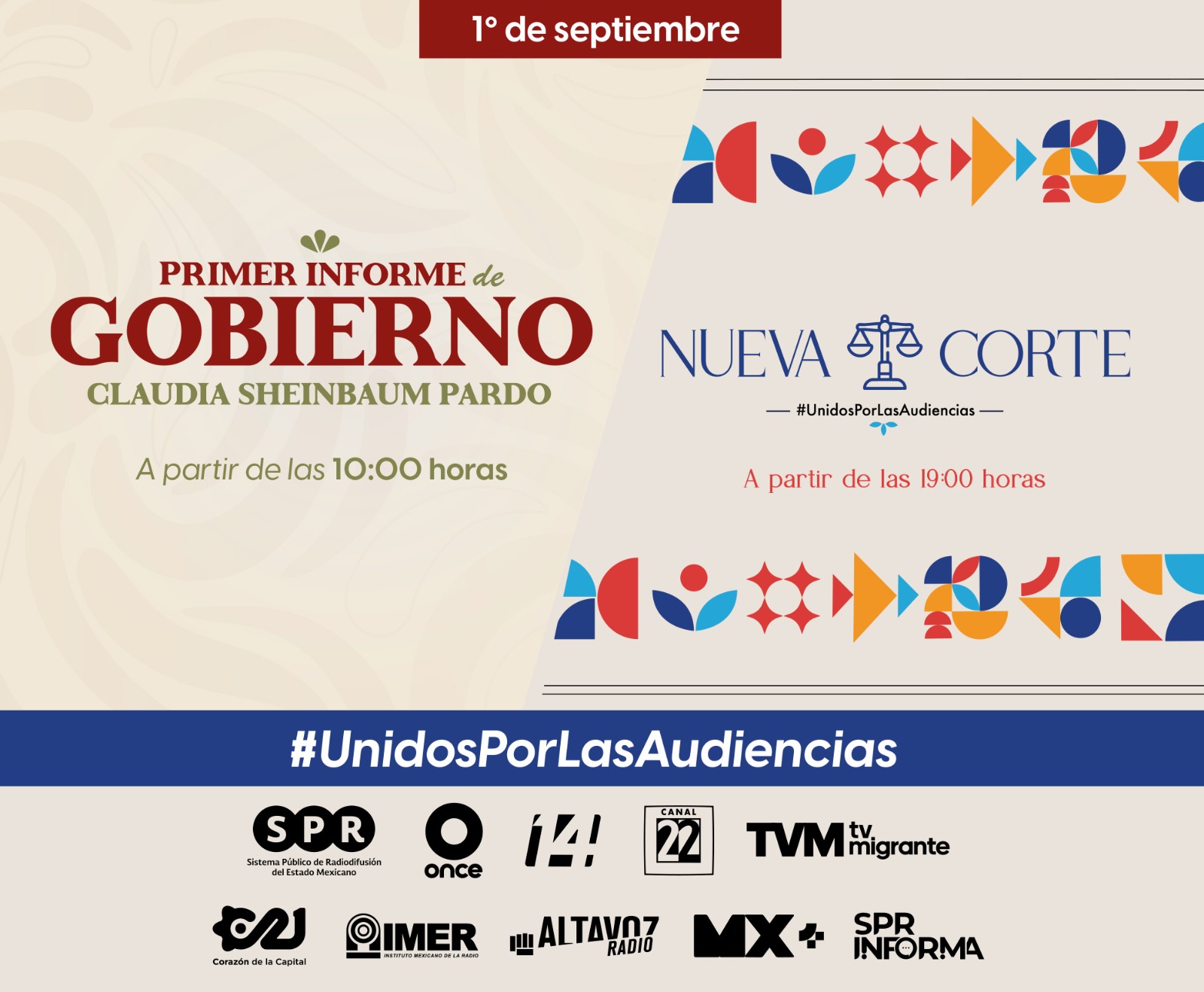 Realizarán medios públicos cobertura especial del Primer Informe de Gobierno
de la presidenta Claudia Sheinbaum y de la Sesión Solemne de la Toma de
Protesta del Poder Judicial


